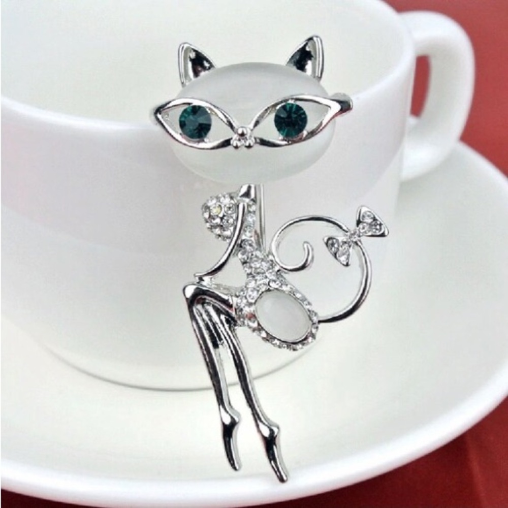 Opal And Rhinestone Sexy Cat Brooch